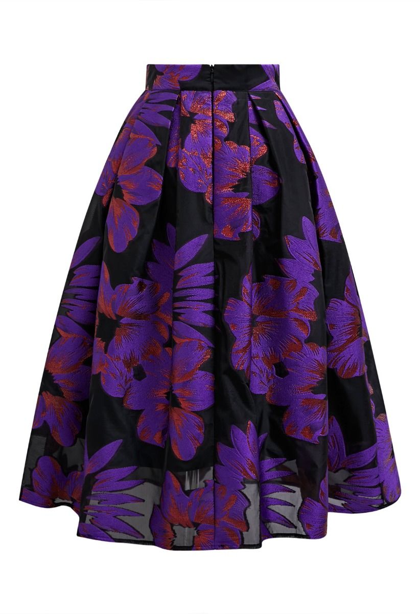 Enticing Floral Jacquard Pleated Organza Midi Skirt in Purple