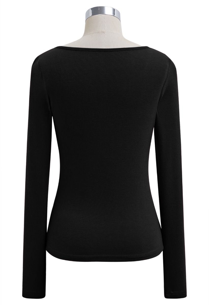 3D Flowers Neckline Long Sleeve Fitted Top in Black