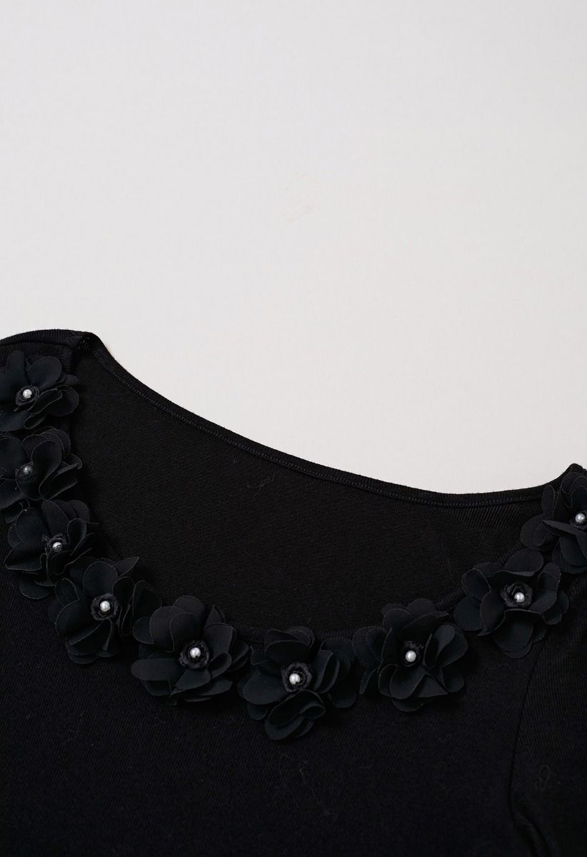 3D Flowers Neckline Long Sleeve Fitted Top in Black