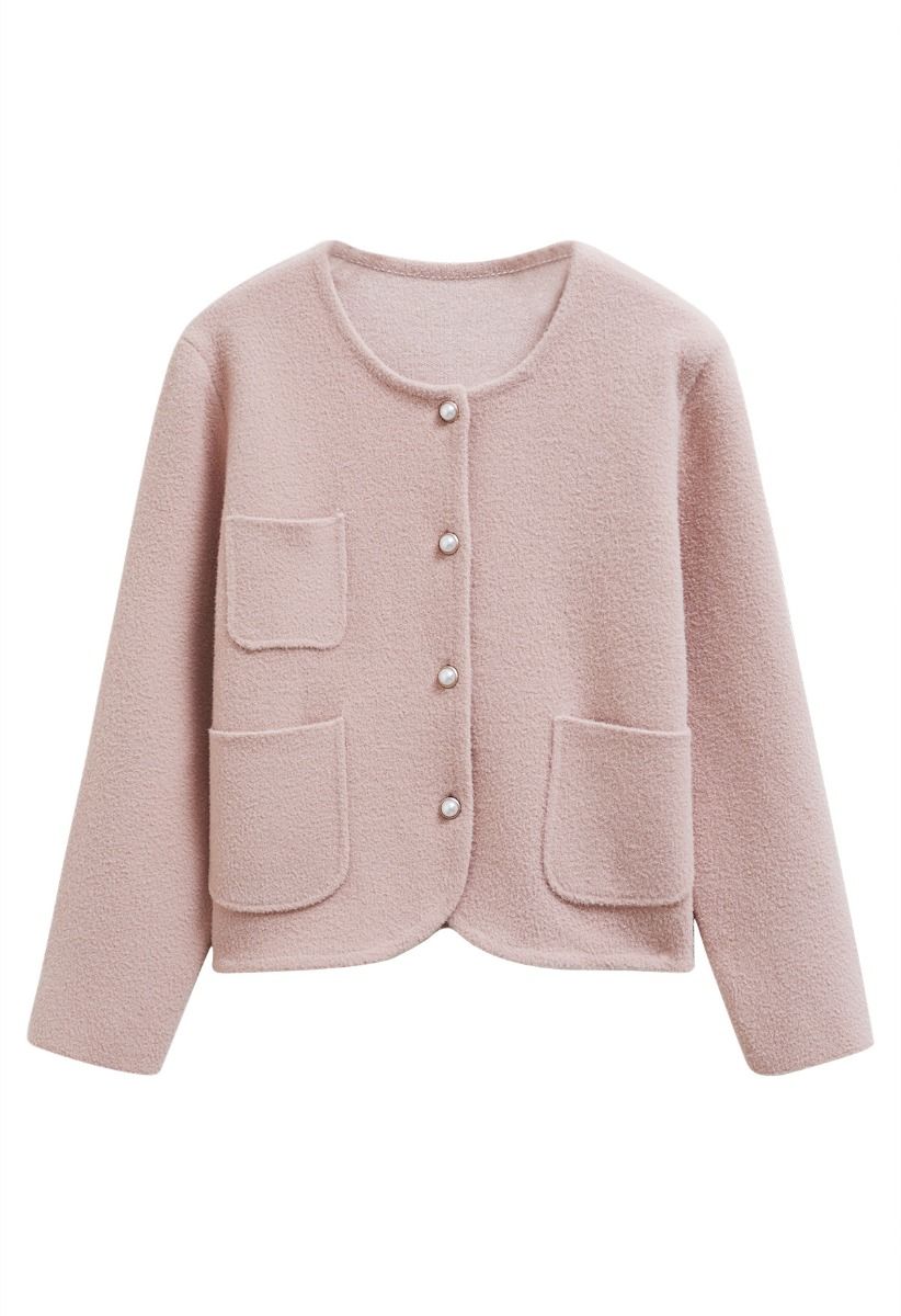 Sweetly Patch Pocket Pearly Button Knit Cardigan in Pink