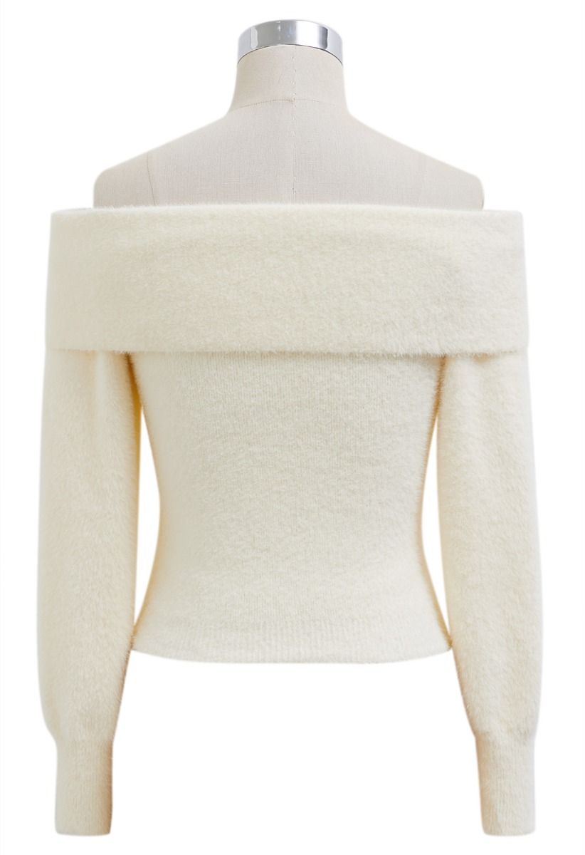 Crisscross Front Off-Shoulder Fuzzy Knit Top in Cream