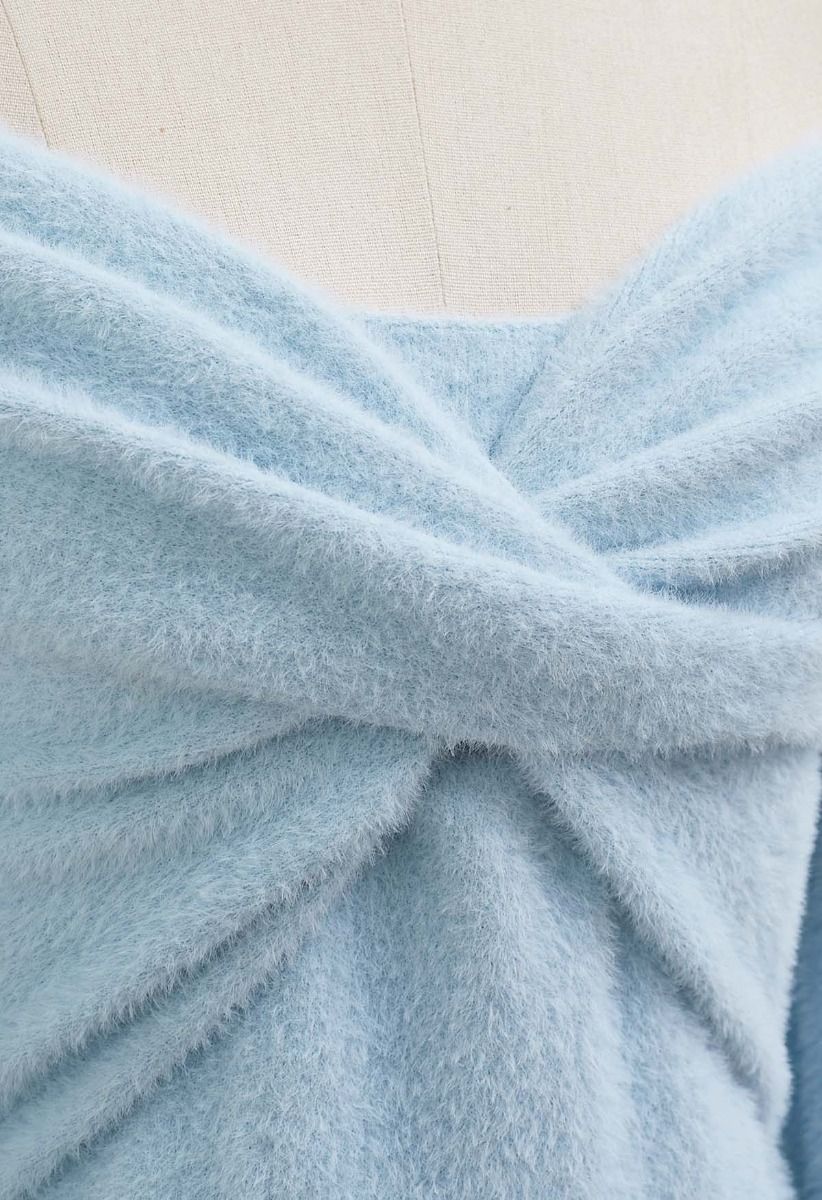 Crisscross Front Off-Shoulder Fuzzy Knit Top in Baby Blue