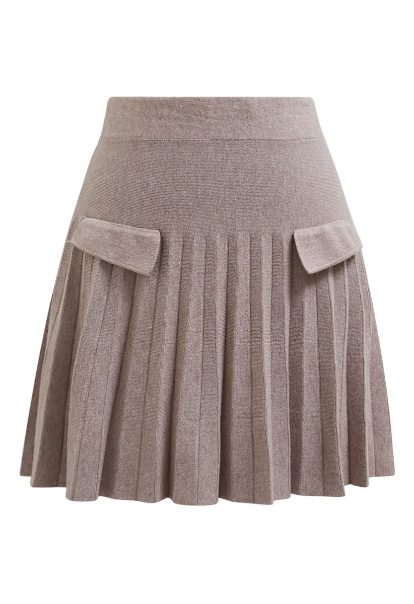 Decorative Pocket Pleated Knit Mini Skirt in Sand