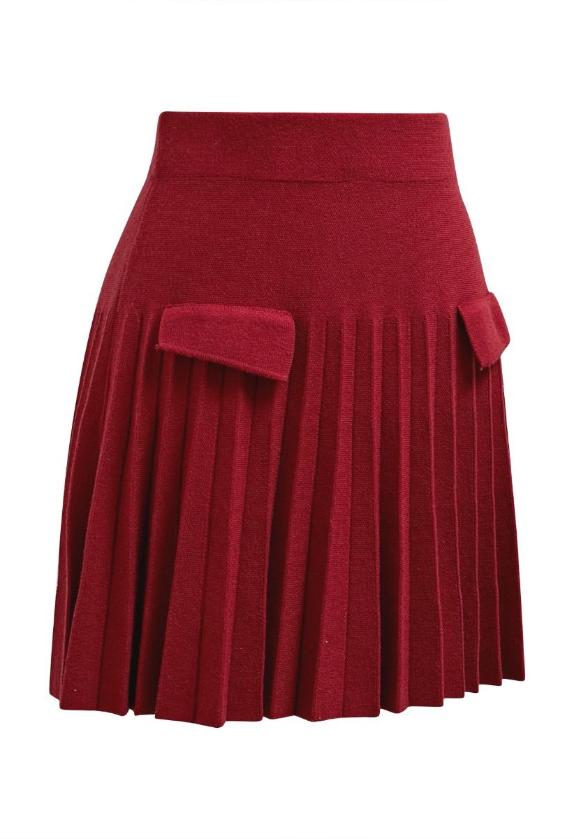 Decorative Pocket Pleated Knit Mini Skirt in Red