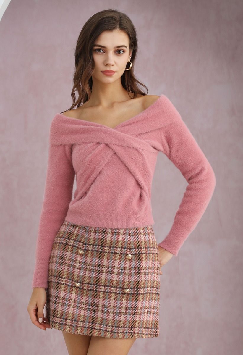 Crisscross Front Off-Shoulder Fuzzy Knit Top in Pink