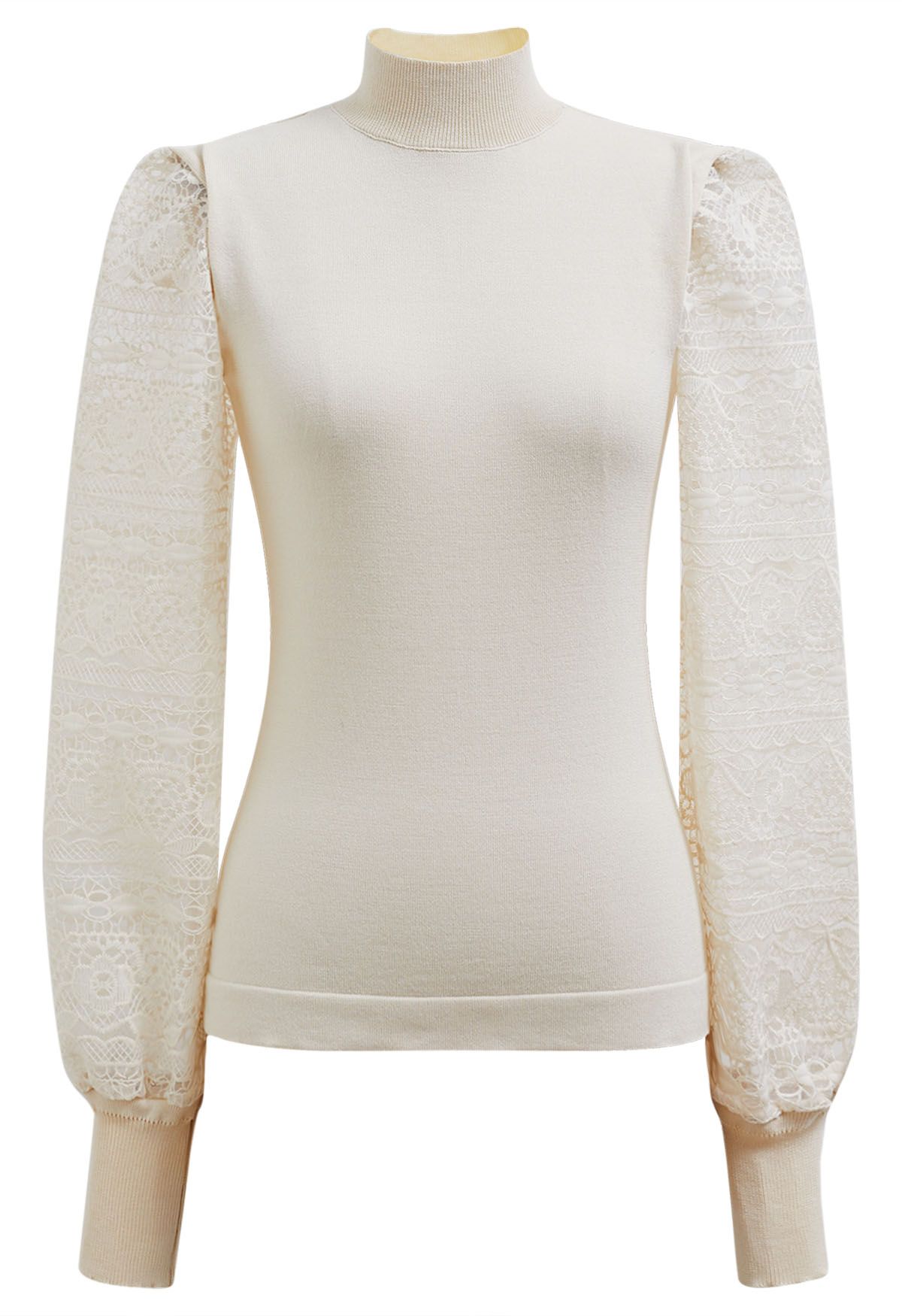 Mock Neck Embroidered Lantern Sleeve Knit Top in Cream