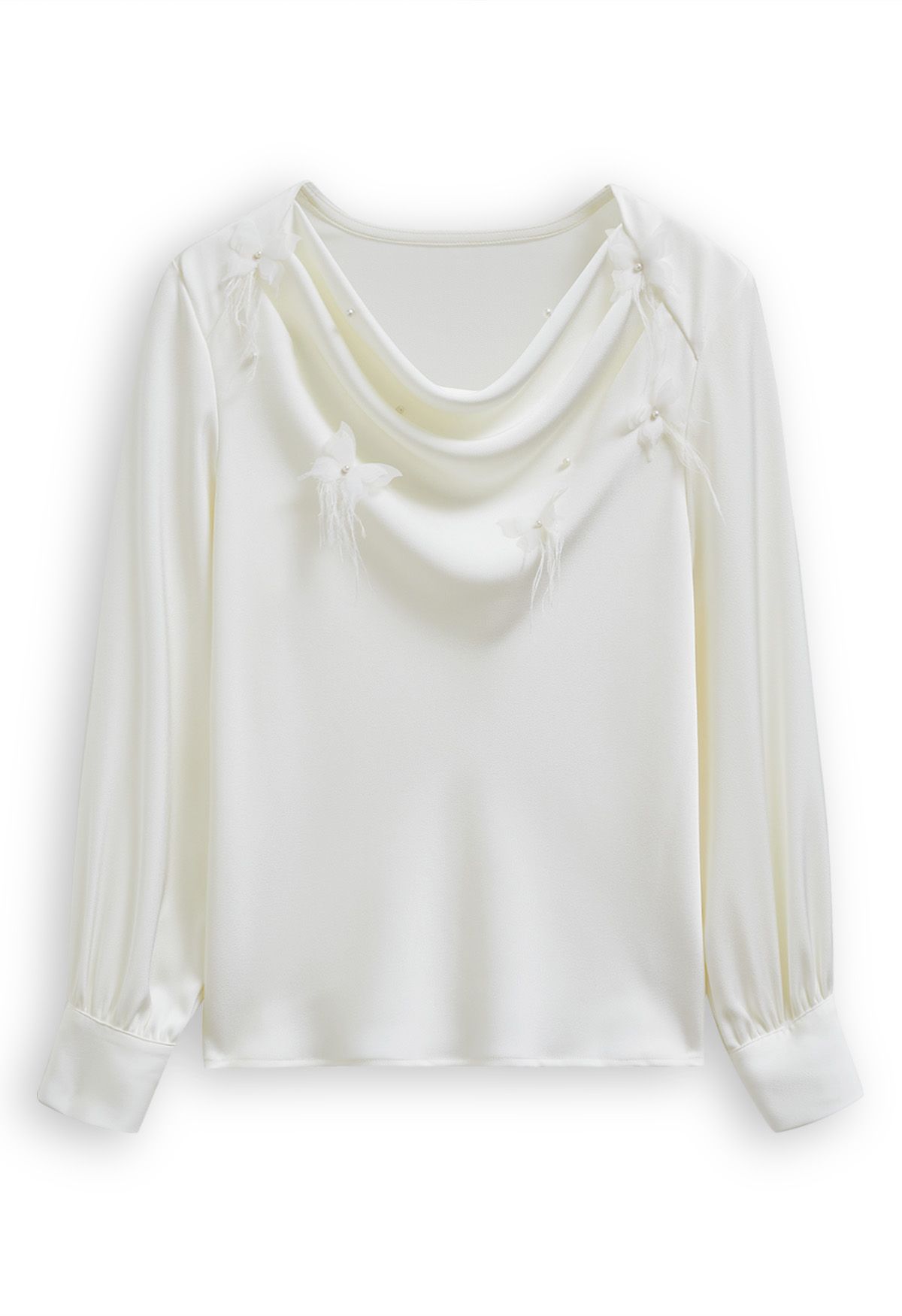 Pearly Butterfly Feather Trim Cowl Neck Top in White