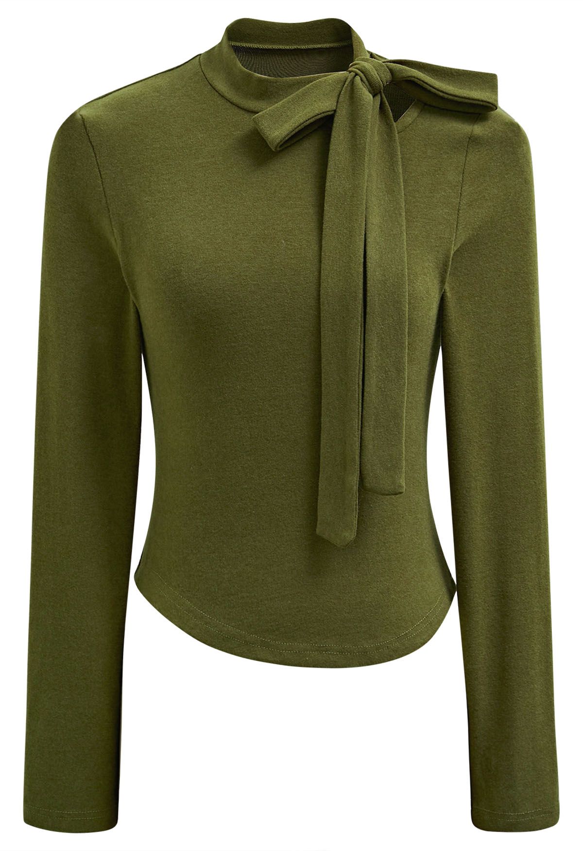 Side Bowknot Neckline Long-Sleeve Top in Olive