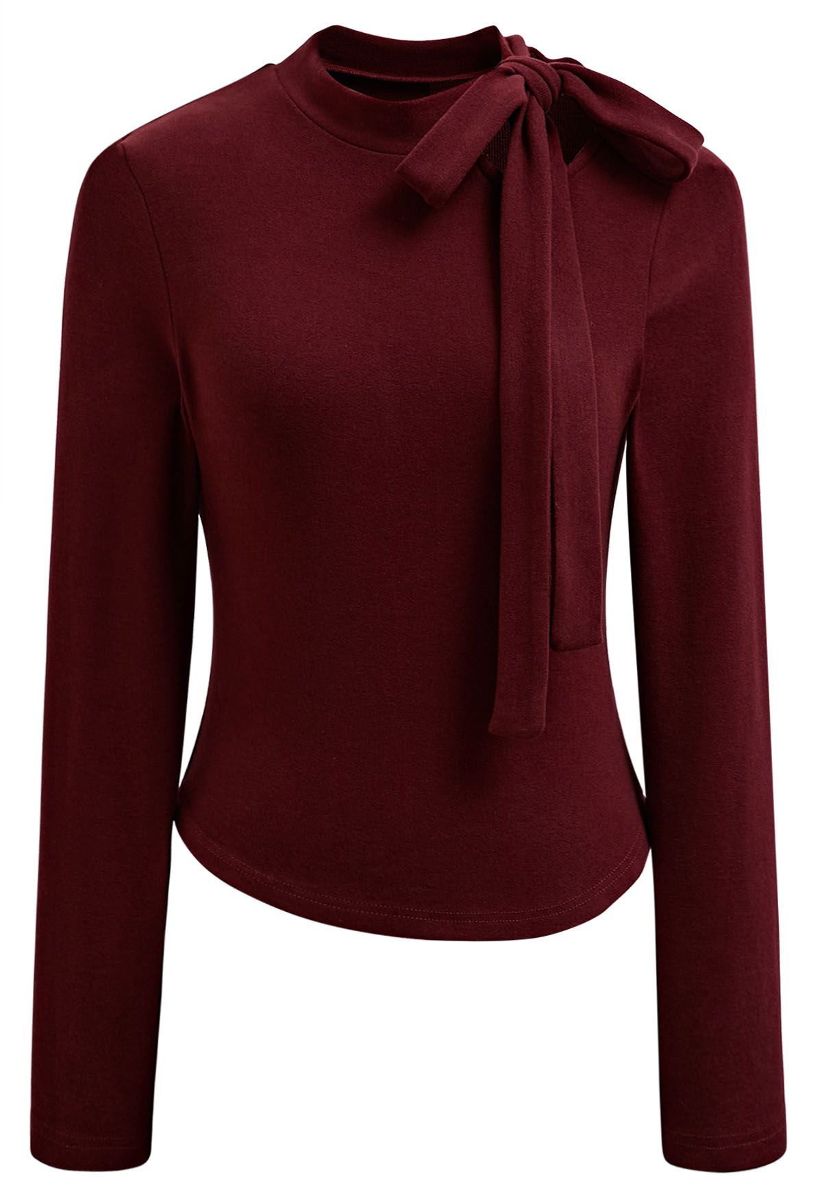 Side Bowknot Neckline Long-Sleeve Top in Burgundy