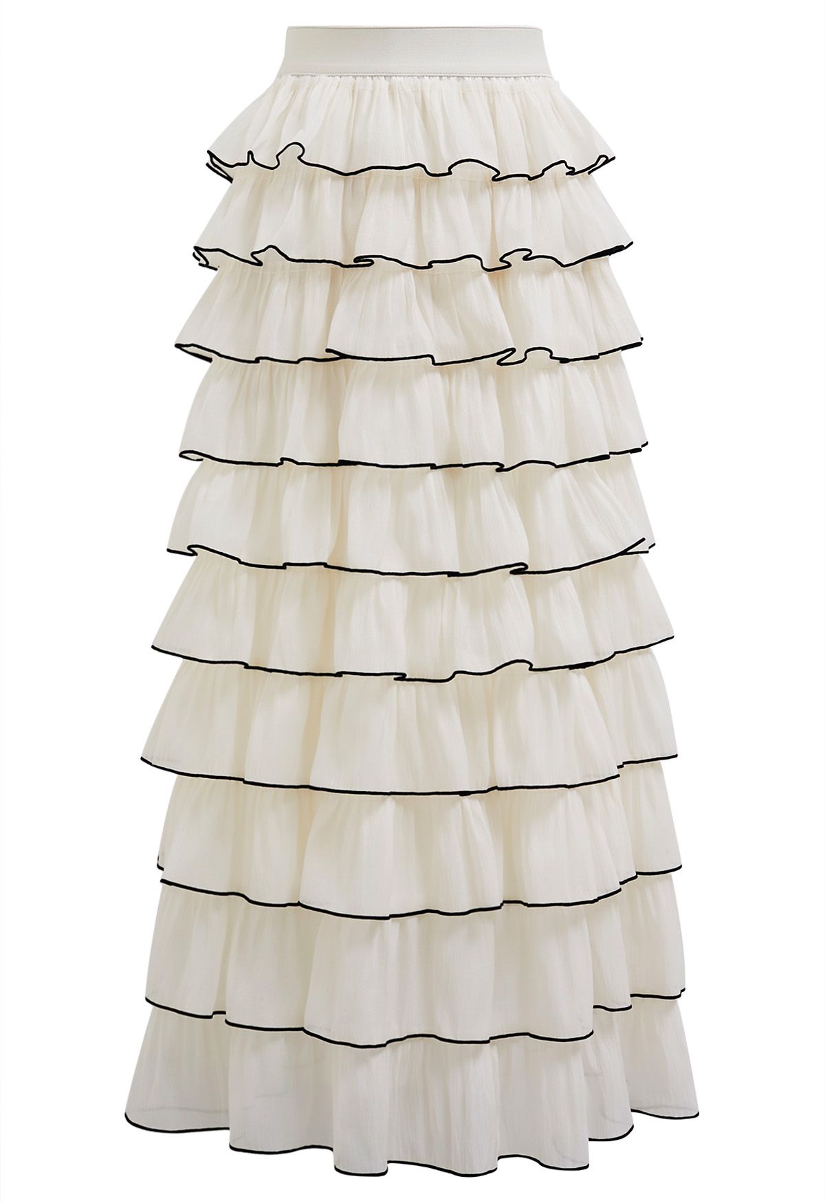 Contrasting Edges Tiered Ruffle Maxi Skirt in Cream Retro Indie and Unique Fashion