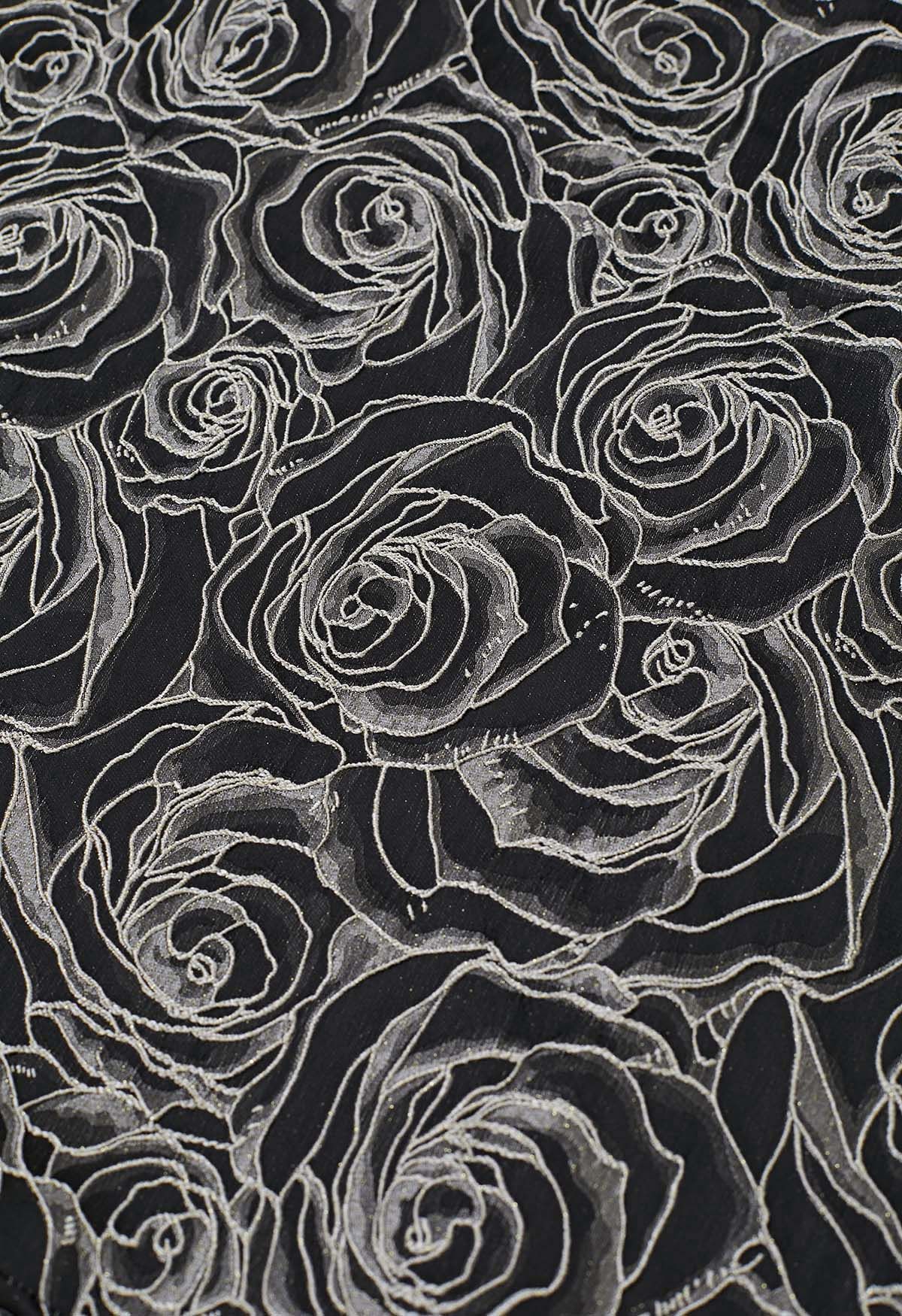 Delicate Roses Jacquard Embossed A-Line Midi Skirt in Black