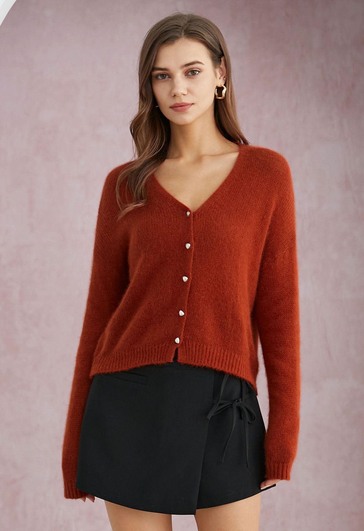 Solid Color Pearly Button Knit Cardigan in Red