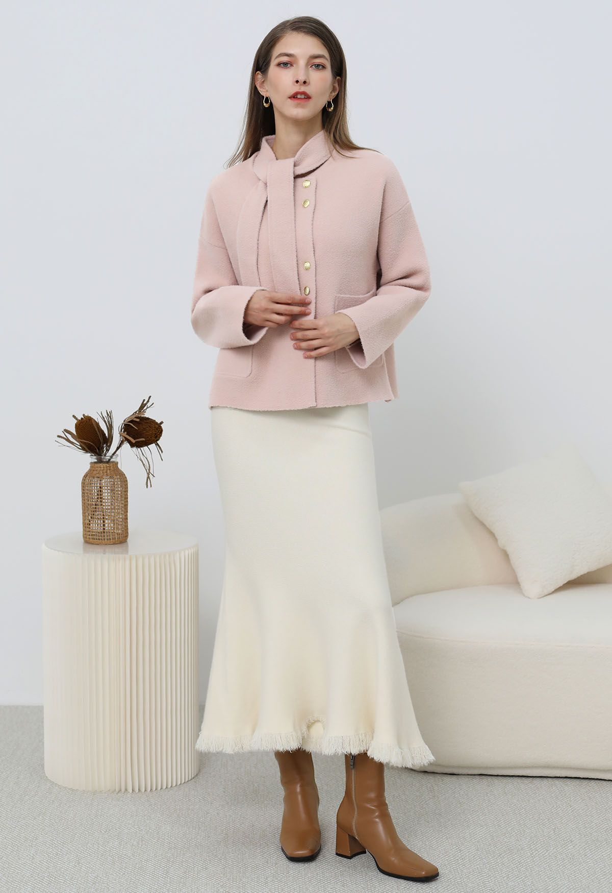 Detachable Tie-Neck Golden Button Knit Coat in Pink