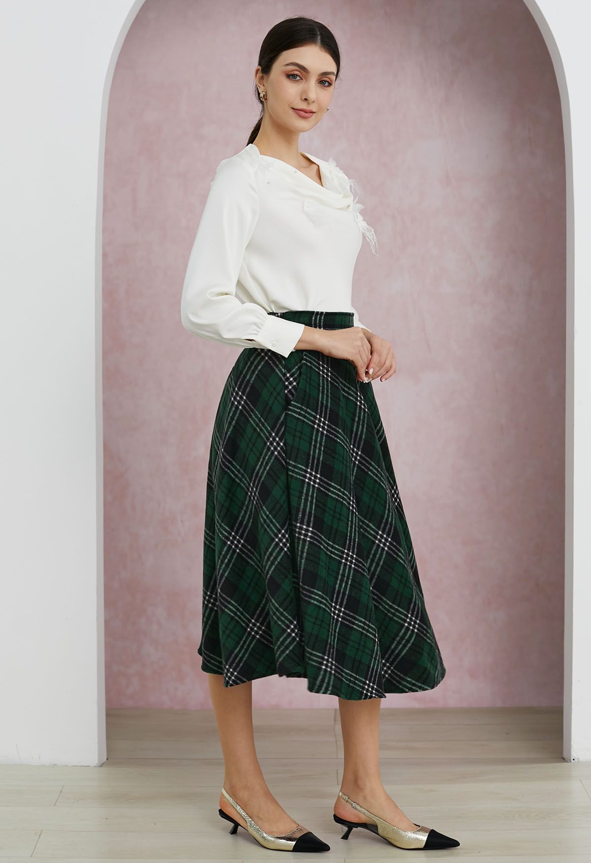 Sophisticated Plaid A-Line Midi Skirt in Dark Green