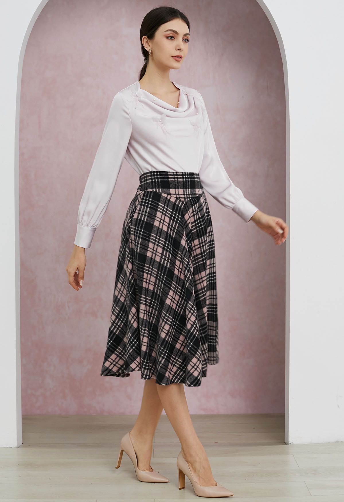 Sophisticated Plaid A-Line Midi Skirt in Pink