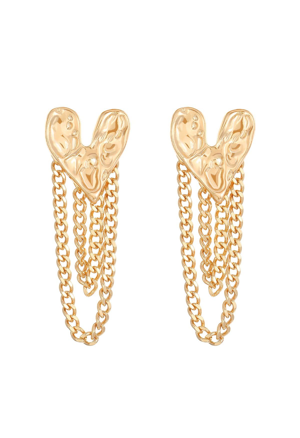 Heart Tassel Chain Earrings in Gold