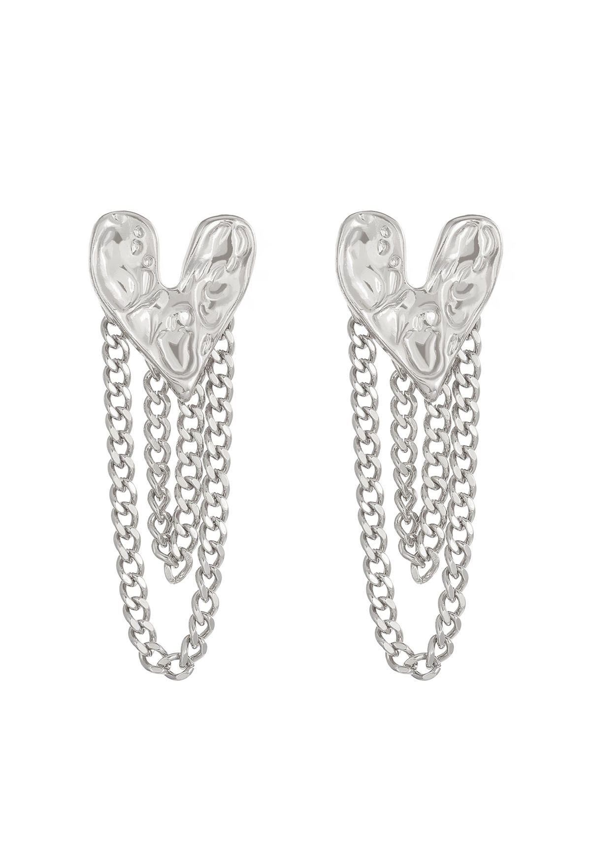 Heart Tassel Chain Earrings in Silver