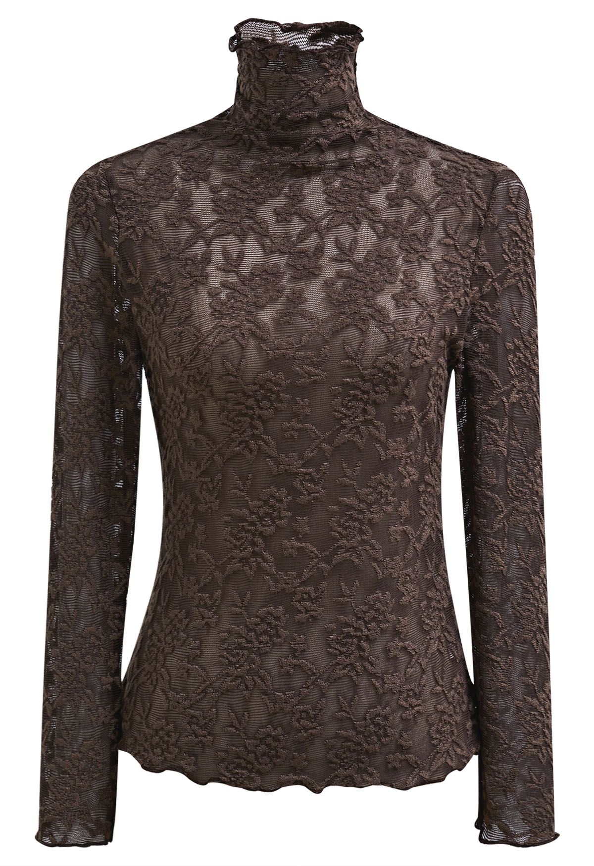 Floral Fantasy High Neck Mesh Long-Sleeve Top in Brown