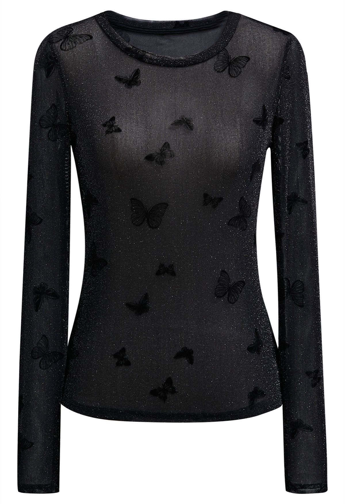 Velvet Butterfly Glitter Mesh Long-Sleeve Top