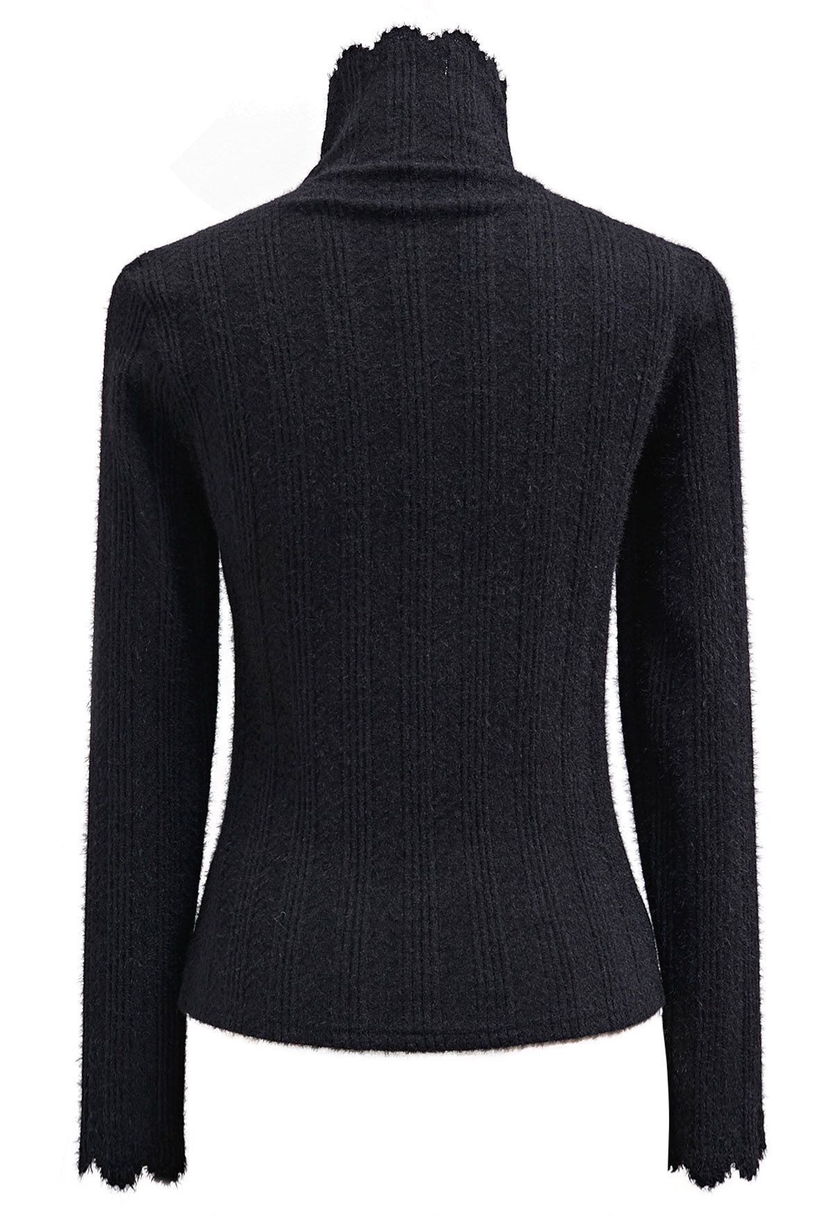 Fuzzy Ribbed Texture High Neck Top in Black