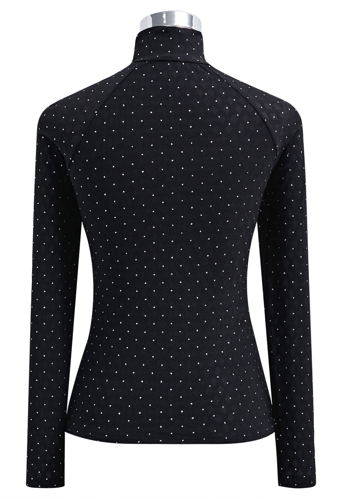 Shimmer Dotted Twist Front Cutout Mock Neck Top in Black