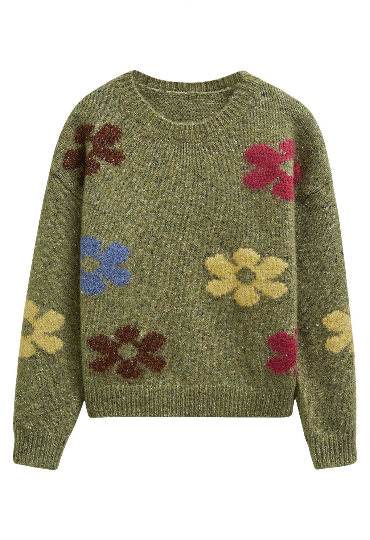 Multicolored Floral Pattern Fuzzy Knit Sweater in Moss Green