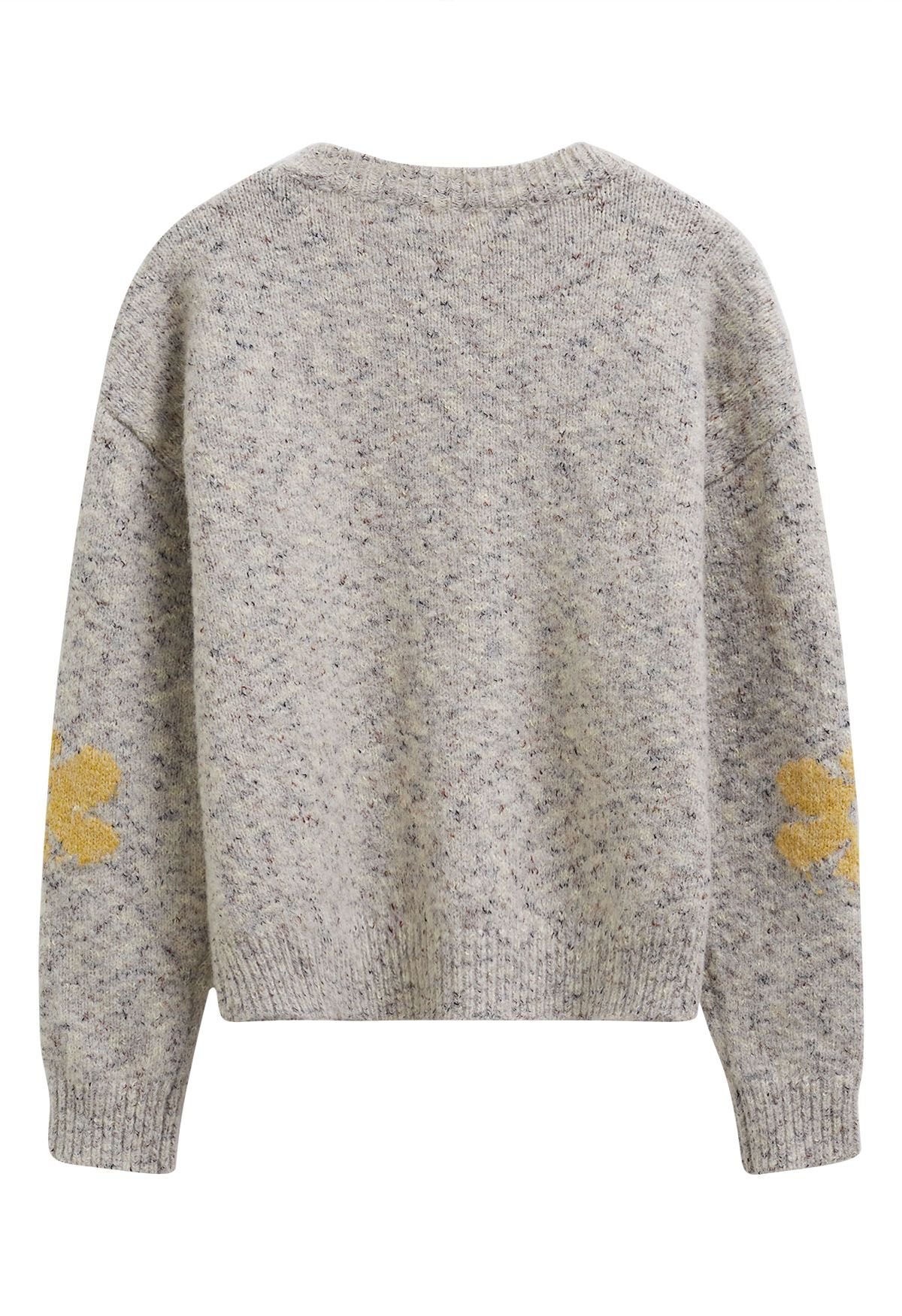 Multicolored Floral Pattern Fuzzy Knit Sweater in Oatmeal