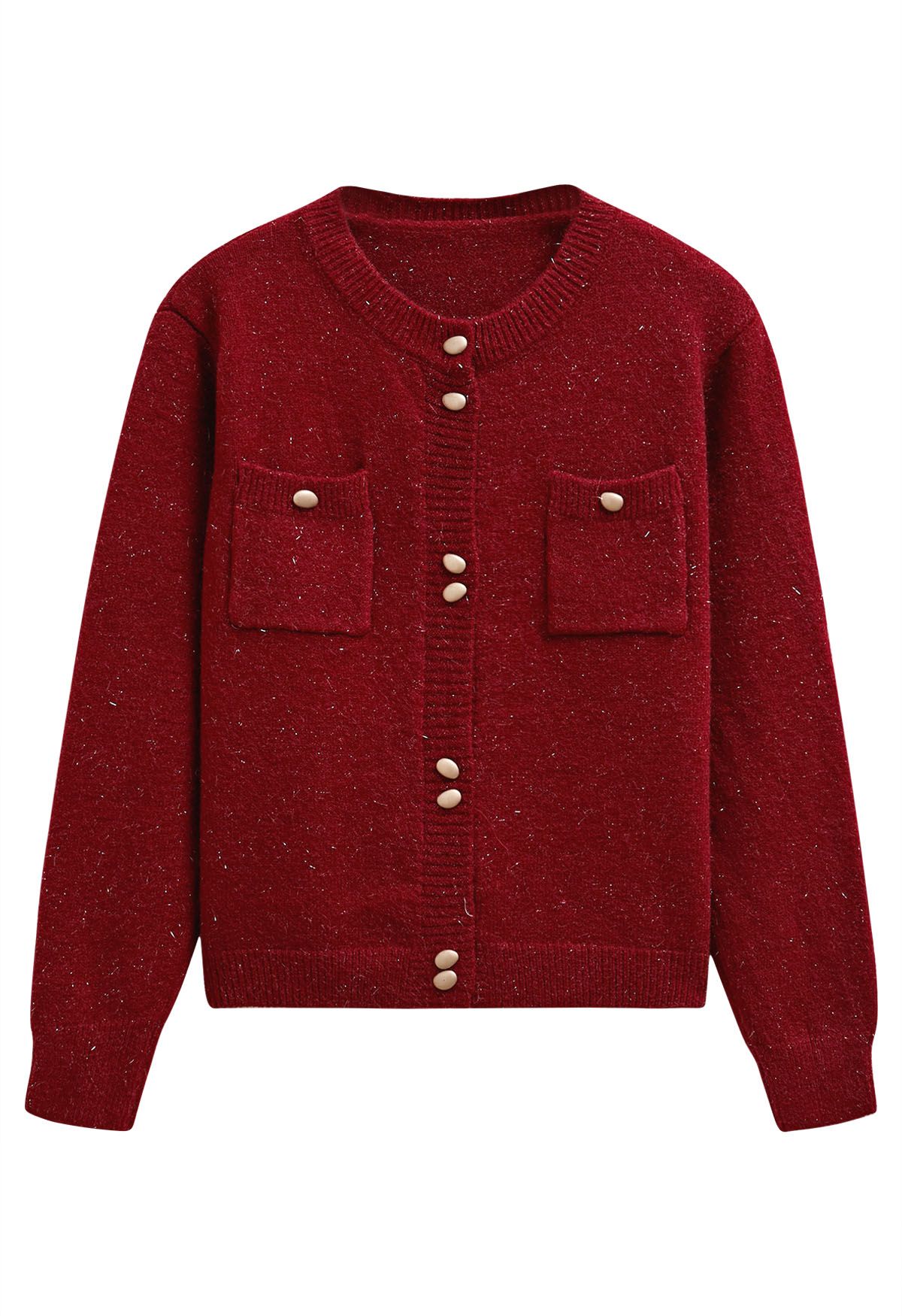 Stylish Button Shimmer Fringe Knit Cardigan in Red