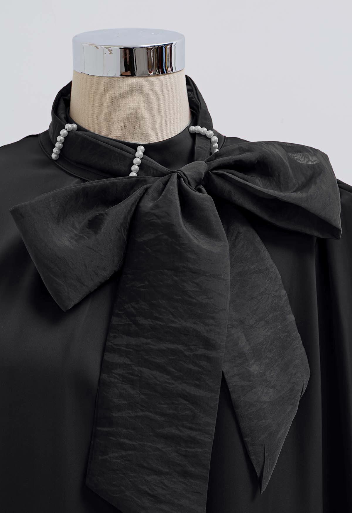 Pearl Neckline Side Bowknot Satin Top in Black