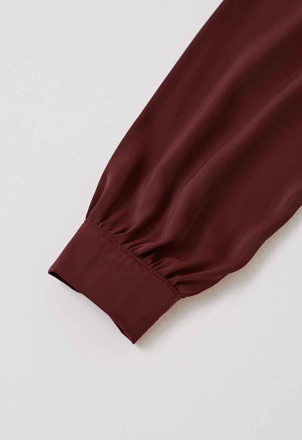 Pearl Neckline Side Bowknot Satin Top in Burgundy