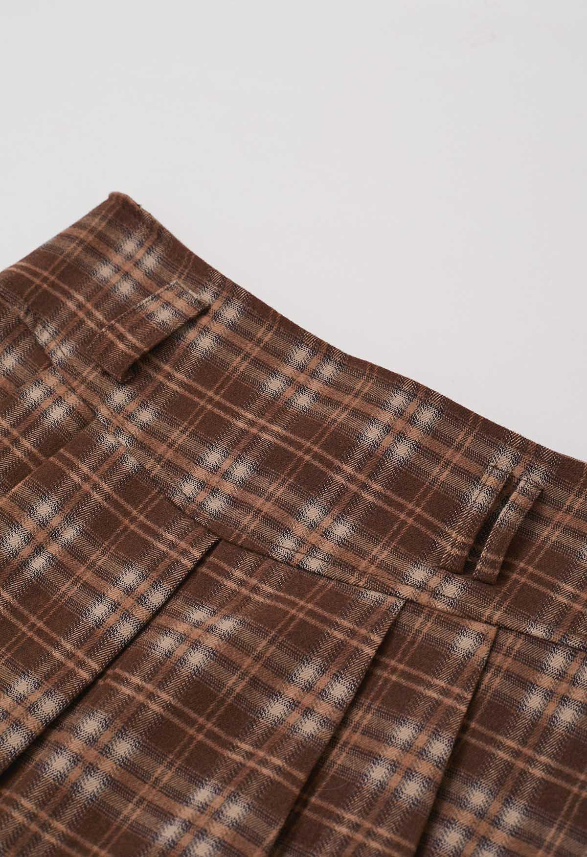 Pretty Plaid Box Pleat Belted Mini Skirt in Rust