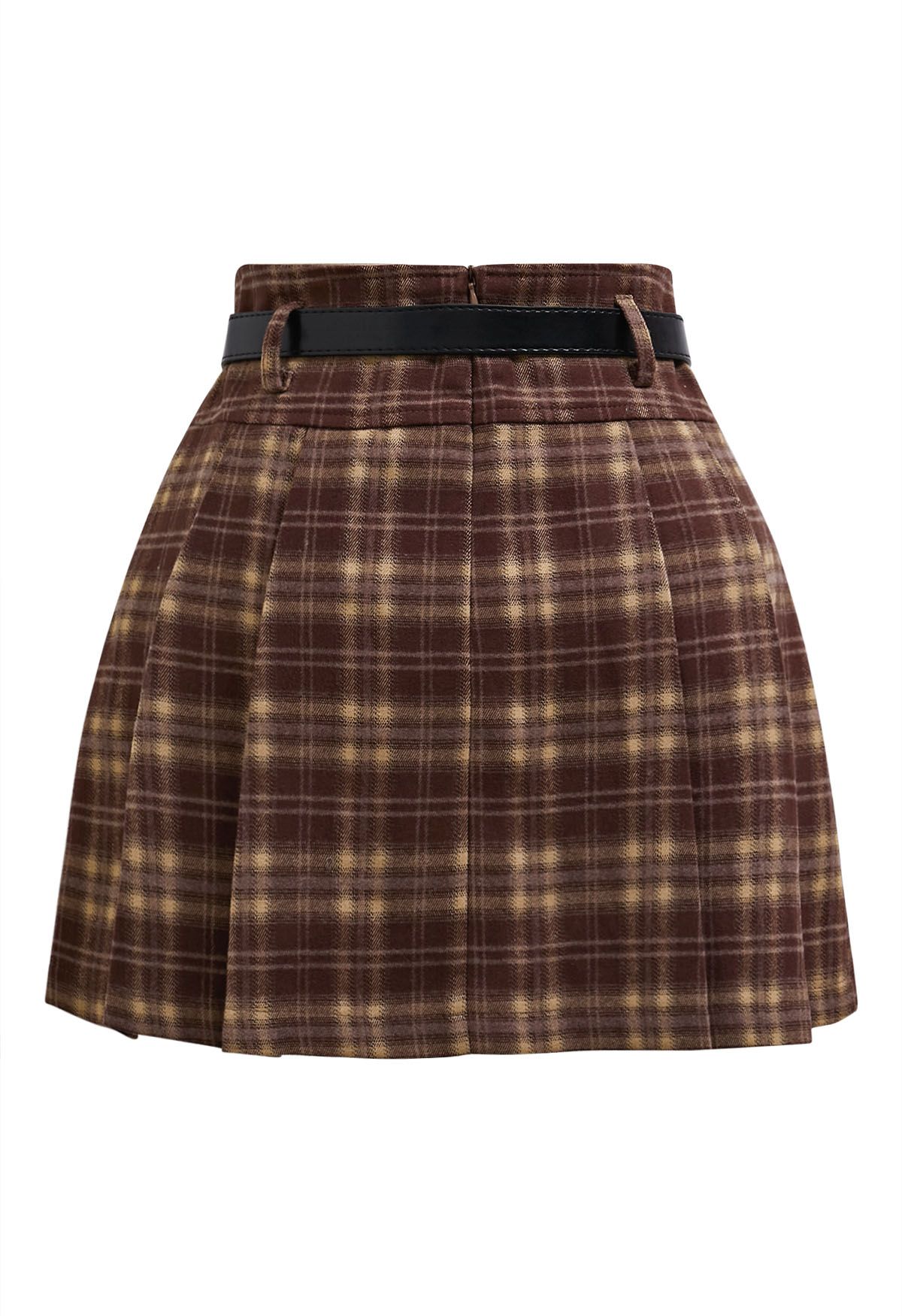 Pretty Plaid Box Pleat Belted Mini Skirt in Plum