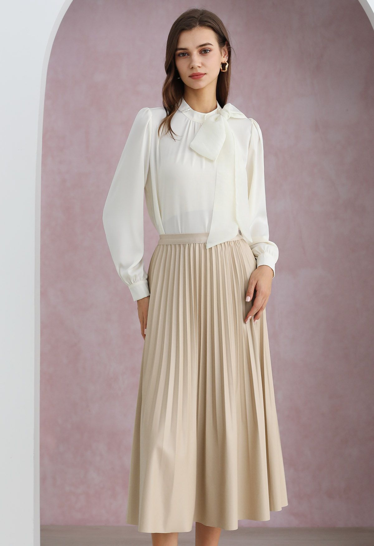 Versatile Faux Leather Pleated Midi Skirt in Sand