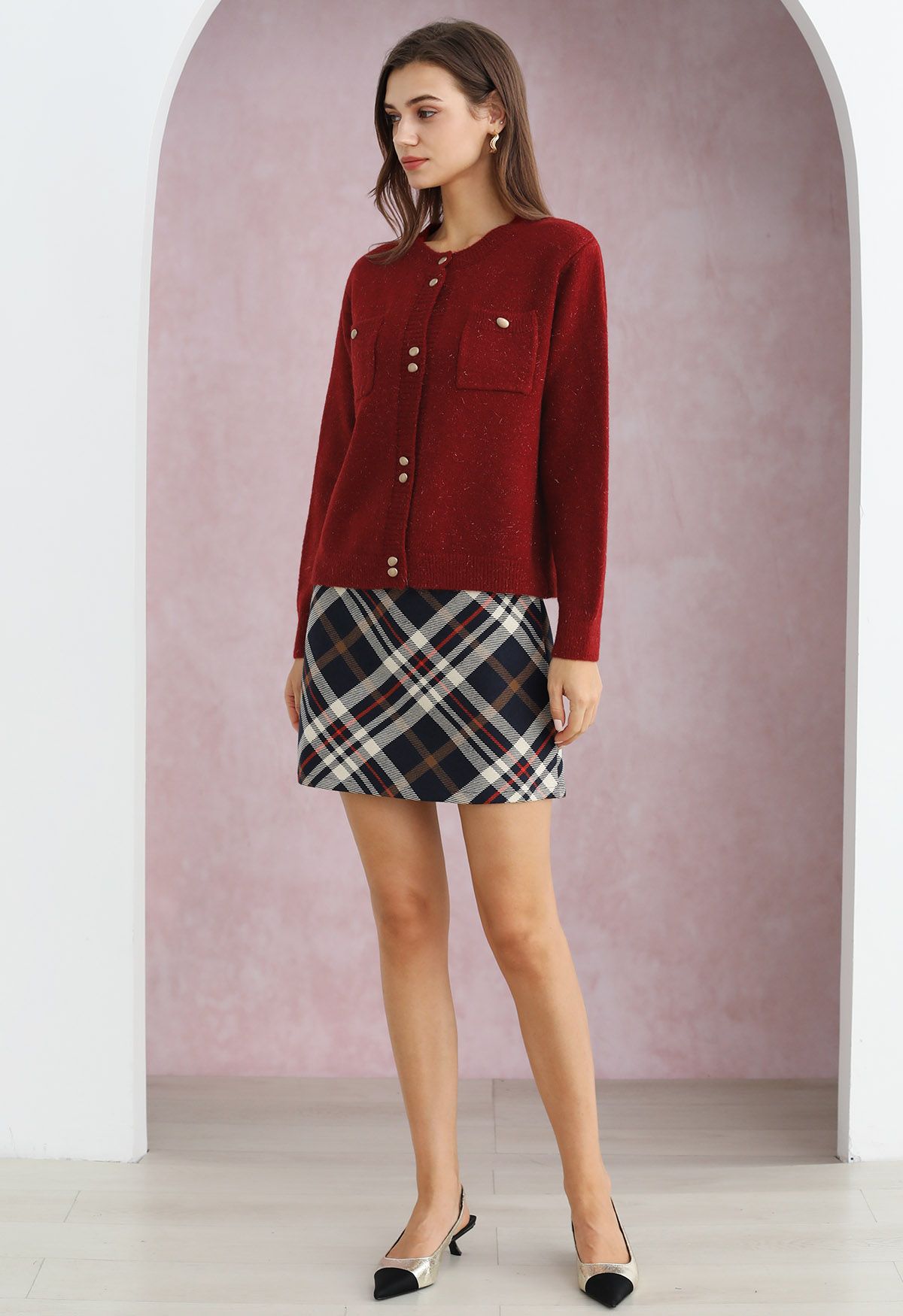 Stylish Button Shimmer Fringe Knit Cardigan in Red