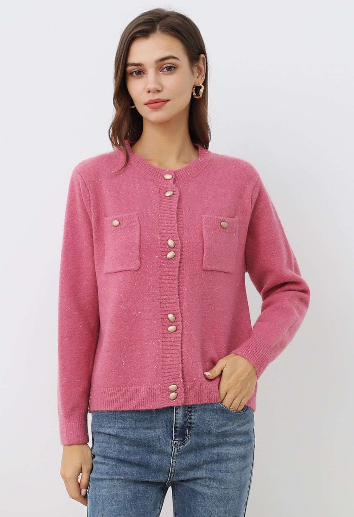 Stylish Button Shimmer Fringe Knit Cardigan in Candy Pink