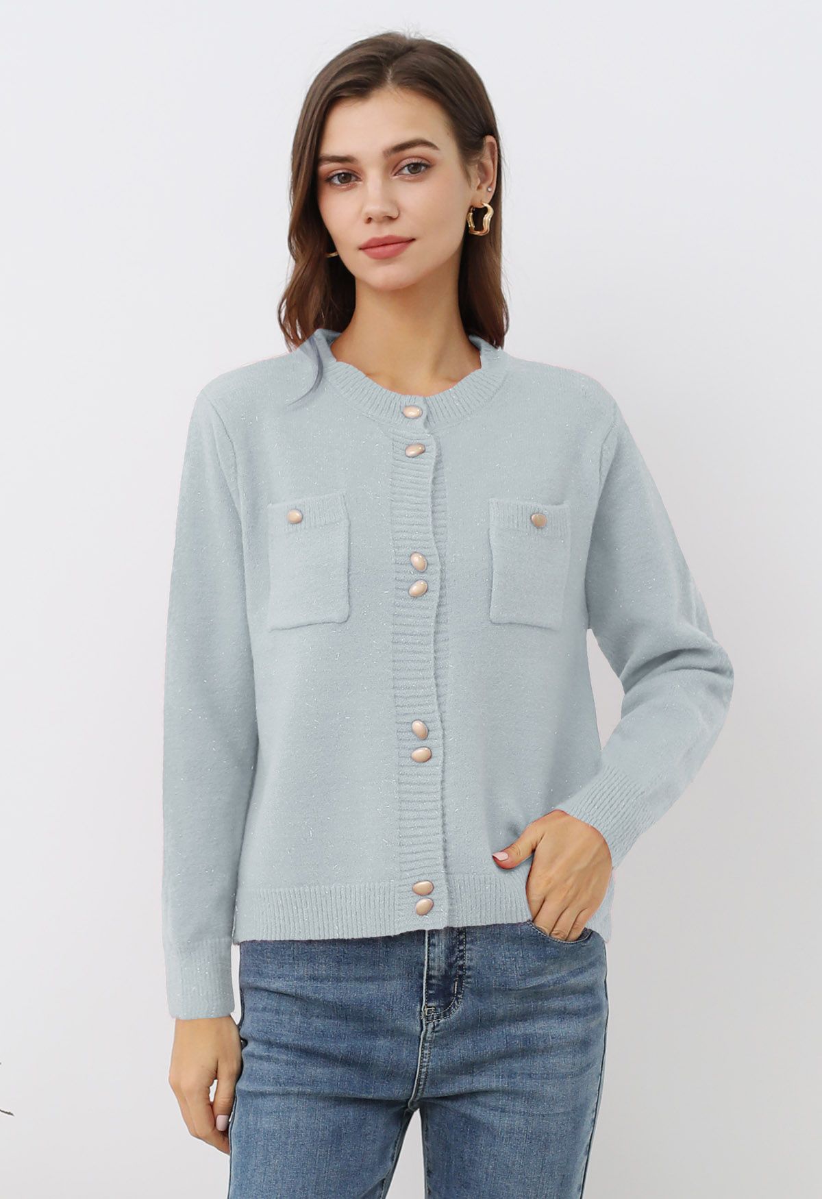 Stylish Button Shimmer Fringe Knit Cardigan in Baby Blue