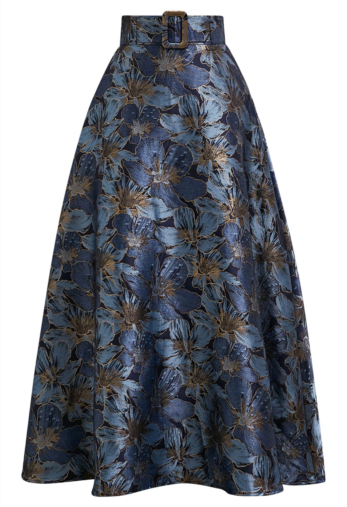 Opulent Bloom Jacquard Belted Flare Maxi Skirt