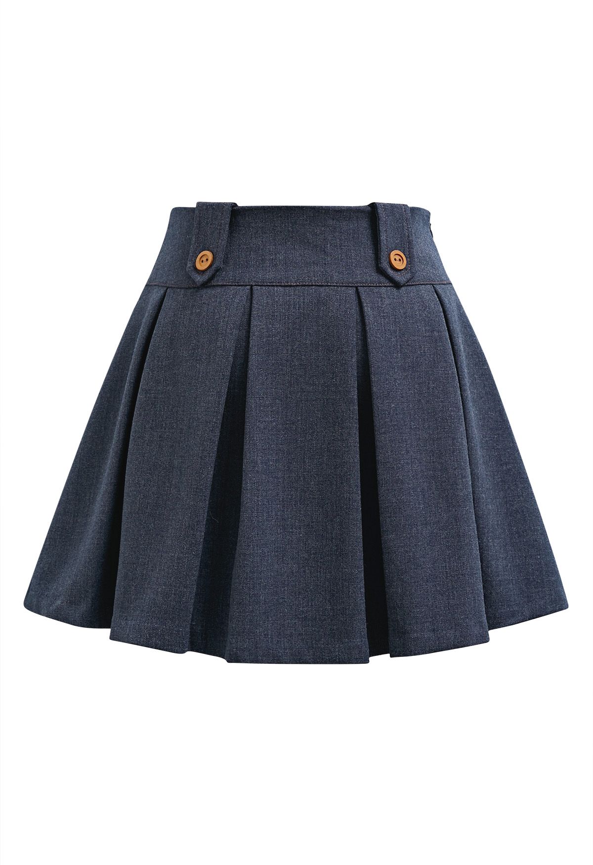 Decorative Button Pleated Mini Skirt in Navy Blue Xs