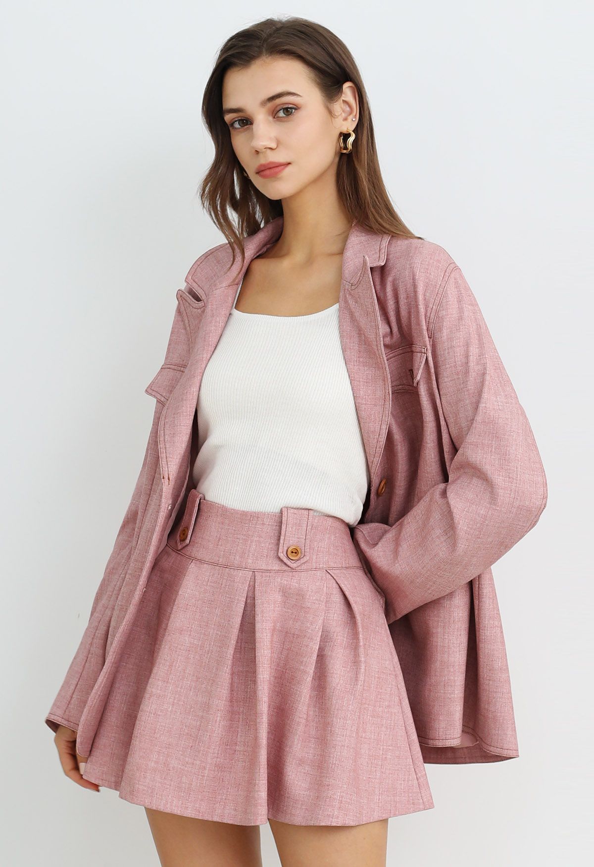 Decorative Pocket Peak Lapel Buttoned Blazer in Pink