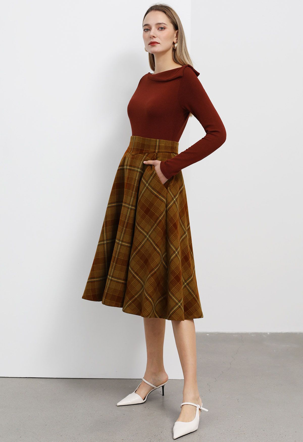 Fall in Plaid Side Pocket A-Line Midi Skirt