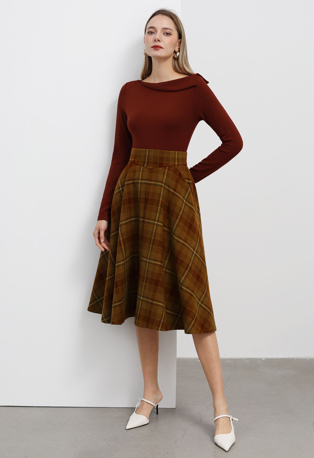 Fall in Plaid Side Pocket A-Line Midi Skirt