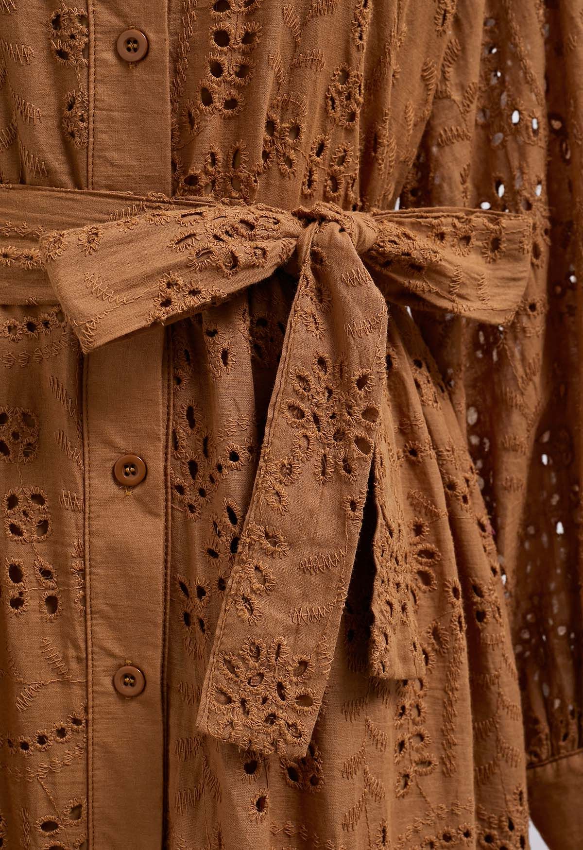 Delicate Eyelet Embroidery Tie-Waist Buttoned Midi Dress in Tan