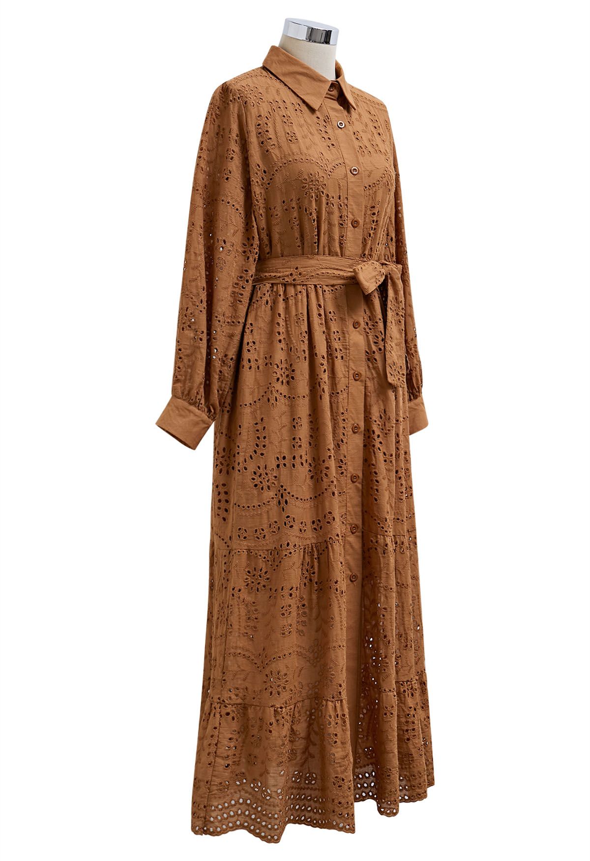 Delicate Eyelet Embroidery Tie-Waist Buttoned Midi Dress in Tan