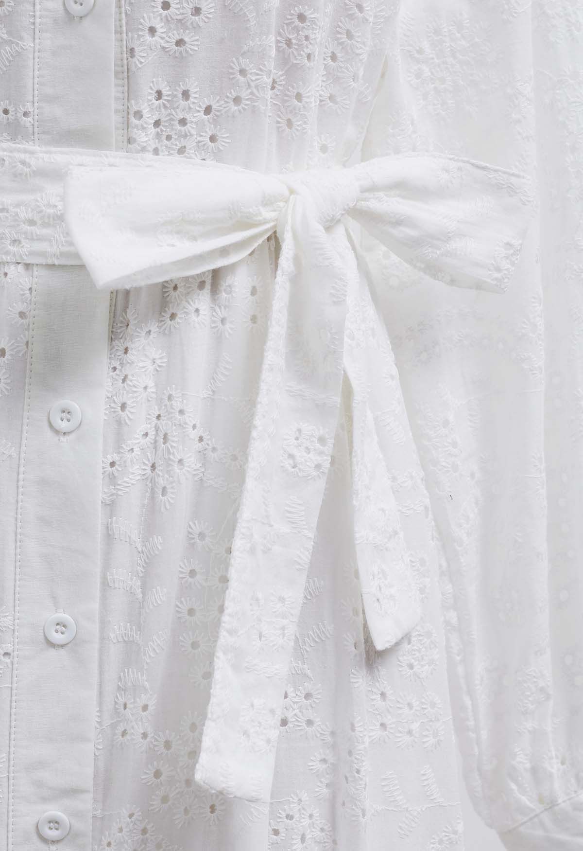 Delicate Eyelet Embroidery Tie-Waist Buttoned Midi Dress in White