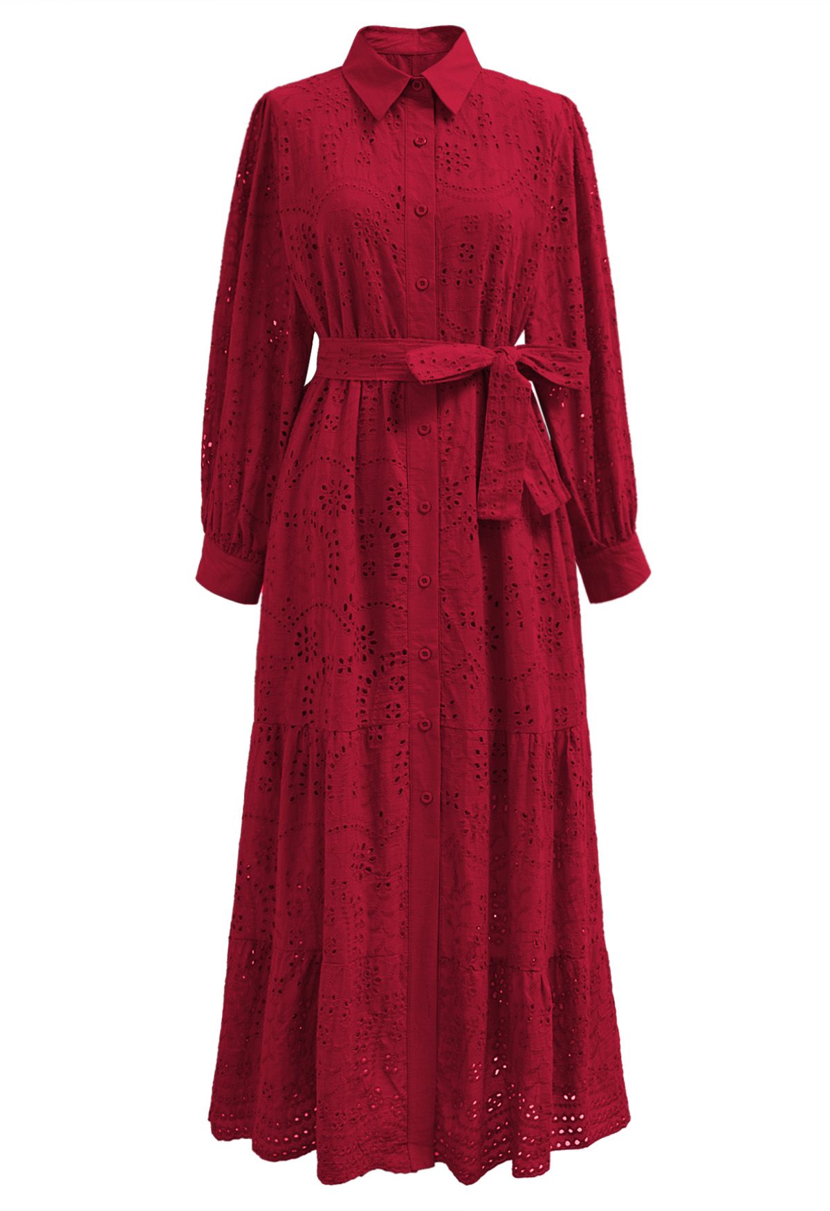 Delicate Eyelet Embroidery Tie-Waist Buttoned Midi Dress in Red