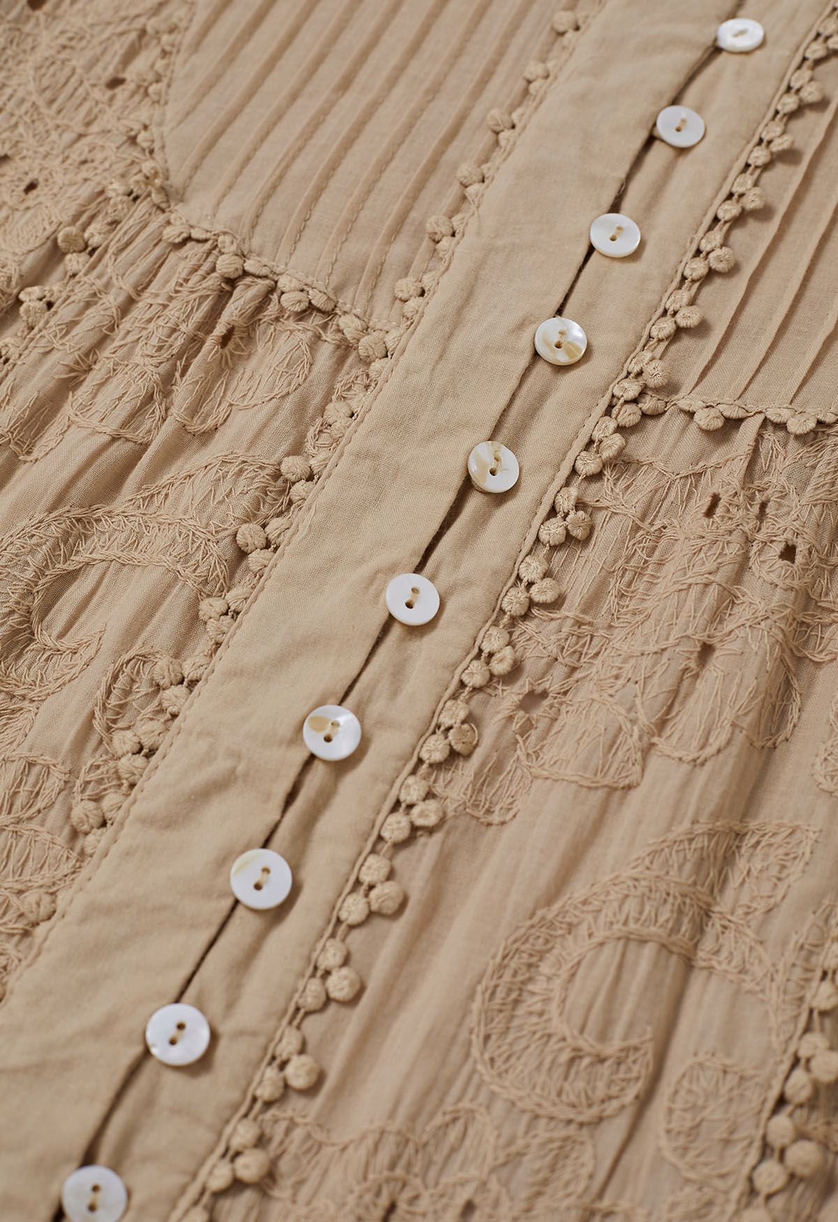 Floral Eyelet Embroidery Tassel String Buttoned Maxi Dress in Light Tan