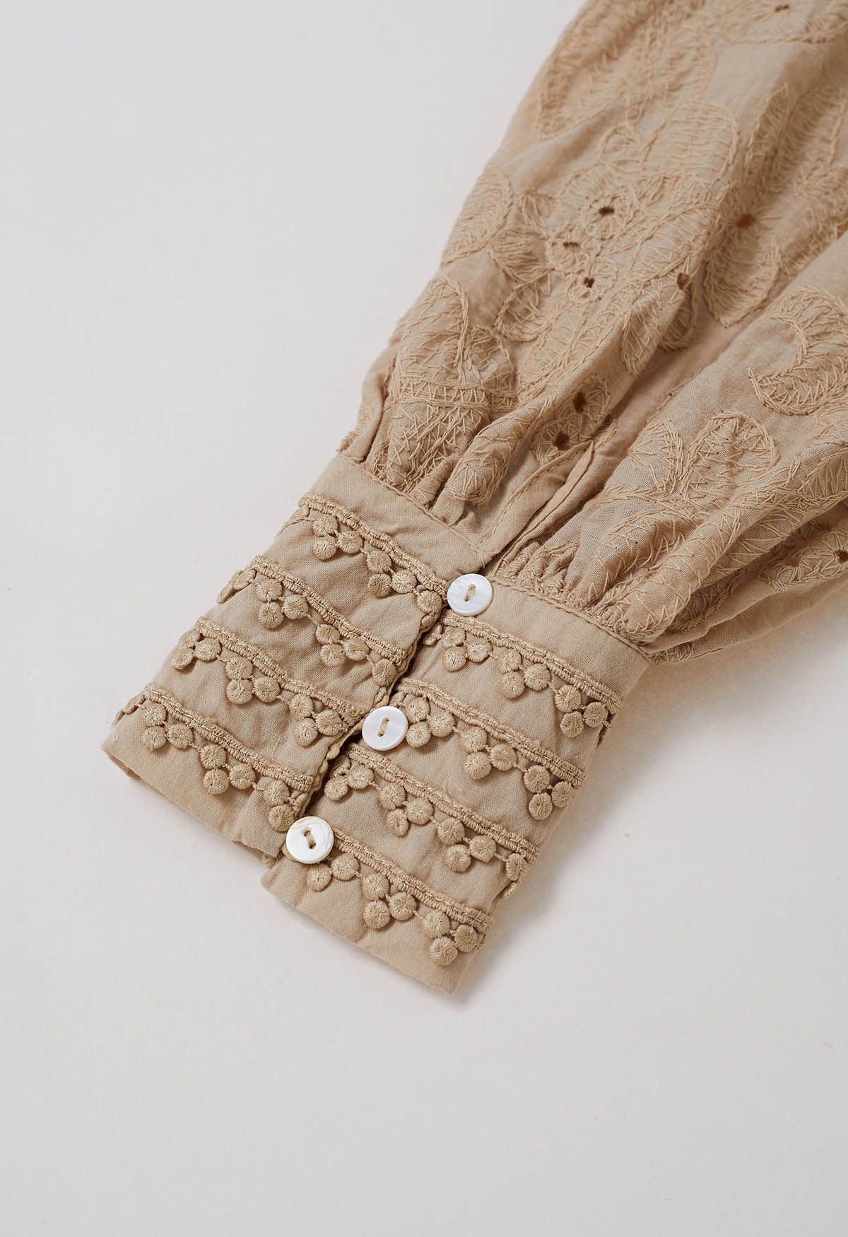 Floral Eyelet Embroidery Tassel String Buttoned Maxi Dress in Light Tan