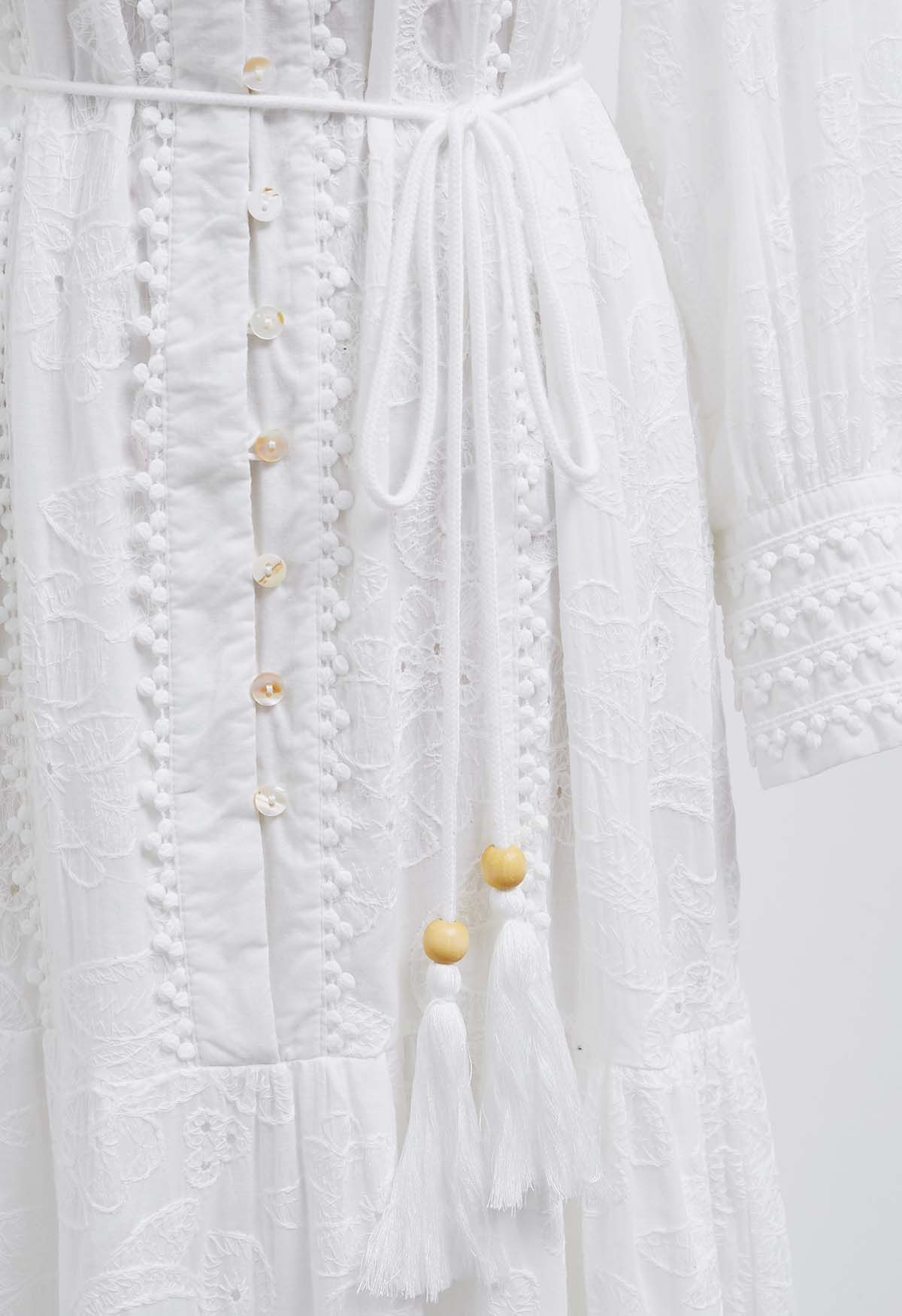 Floral Eyelet Embroidery Tassel String Buttoned Maxi Dress in White