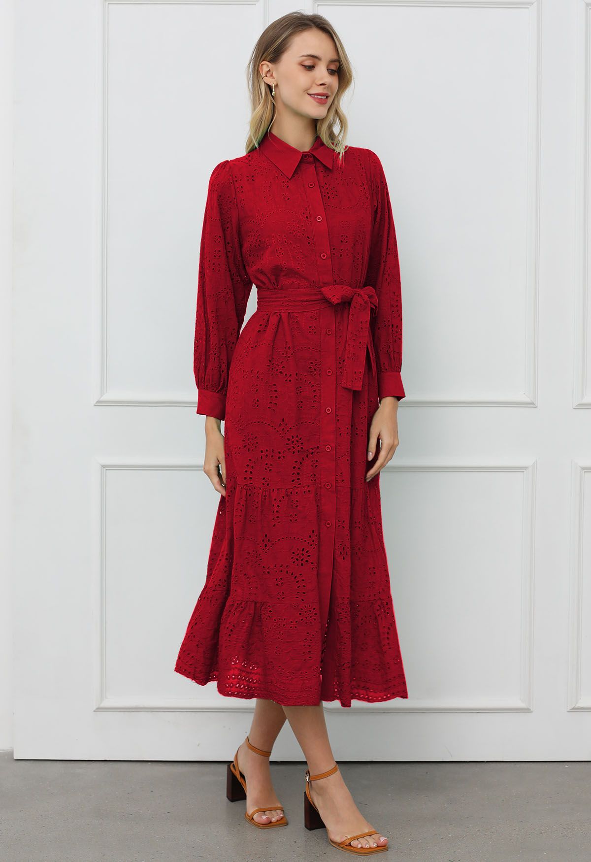 Delicate Eyelet Embroidery Tie Waist Buttoned Midi Dress in Red