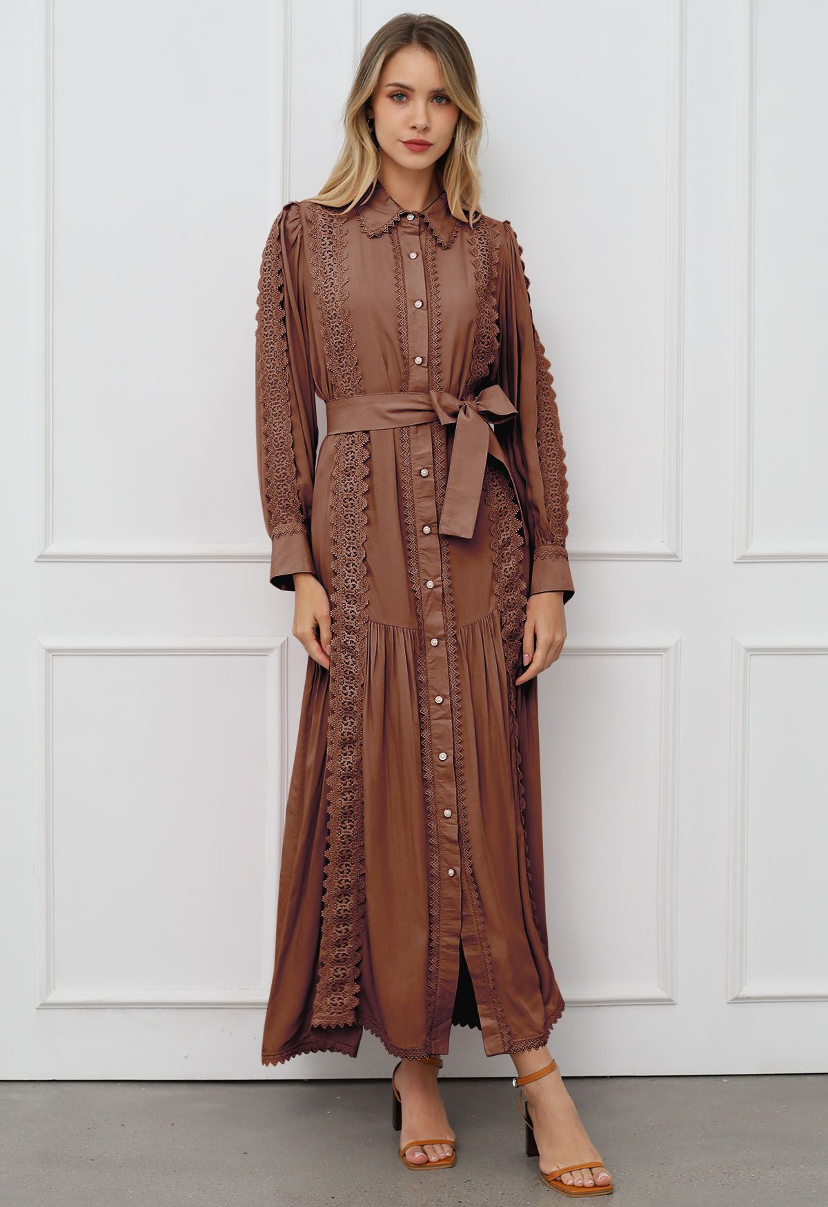 Captivating Lace Tie Waist Button Down Maxi Dress in Brown